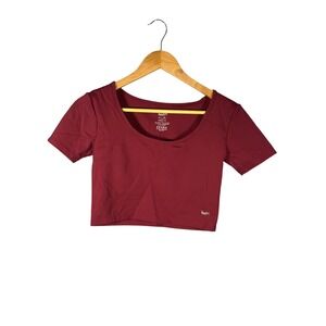 Crop Top Y2K Burgundy Short Sleeve Scoop Neck Stretch Fitted M